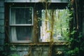 an old window with vines growing out of it