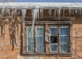 An old window with wooden brown frames and a group of sharp bright white transparent icicles and snow and ice and orange maple