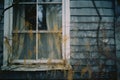 an old window with yellow leaves on the side of the house Royalty Free Stock Photo