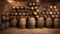 Old wine barrels, casks and bottles in wine-cellar