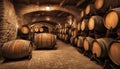 Old wine barrels, casks and bottles in wine-cellar