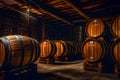 Wine barrels stored in a wine distillery - Generative AI