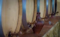 Old wine barrels in a wine cellar. Stacked up wine bottles in the cellar, dusty but tasty. Royalty Free Stock Photo