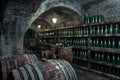 Old Wine Cellar with Oak Barrels, Winery Basement, Wine Cellar, Copy Space