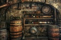 Old Wine Cellar with Oak Barrels, Winery Basement, Wine Cellar, Copy Space Royalty Free Stock Photo