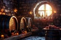 Old Wine Cellar with Oak Barrels, Winery Basement, Wine Cellar, Copy Space Royalty Free Stock Photo