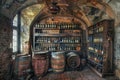 Old Wine Cellar with Oak Barrels, Winery Basement, Wine Cellar, Copy Space Royalty Free Stock Photo