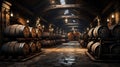 Old wine cellar of winery with wooden barrels, perspective of vintage casks in dark storage. Concept of vineyard, viticulture,