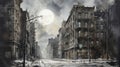 Moonlit Abandoned City Street: A Florian Nicolle-inspired Ink Painting