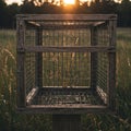 An old wire cage in a field at sunset. Royalty Free Stock Photo