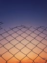 Old wire mesh fence texture against sunset sky background Royalty Free Stock Photo