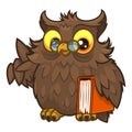 Old wise fluffy owl in glasses and with a book Royalty Free Stock Photo