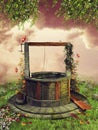 Old wishing well with spring flowers