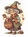 Old Witch with bags, cute old woman. Halloween cartoon illustration. Generative AI