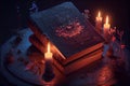 Old witch book with empty pages, lavender flowers, pentagram and witchcraft objects Royalty Free Stock Photo