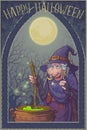 Old witch in a cone hat brewing a magic potion in a cauldron. Misterious background and gothic frame. Halloween Greeting
