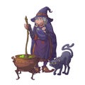 Old witch in a cone hat with her black cat brewing a magic potion in a cauldron. Halloween cartoon style character Royalty Free Stock Photo