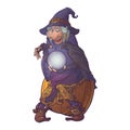 Old witch in a cone hat holding a crystal ball and foretelling the future. Funny cartoon style character. Linear drawing Royalty Free Stock Photo