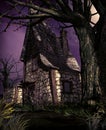 Old witch cottage under an even older oak tree at night Royalty Free Stock Photo