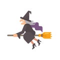 Old witch flying on a broomstick Halloween illustration