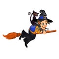 Old witch with hat flying on a broom with a black cat isolated on white background. Sketch for a poster or card for the Royalty Free Stock Photo