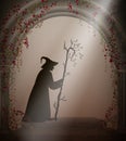 Old witch or wizard in the old abandoned castle, Halloween character, halloween background,