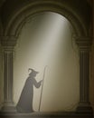 Old witch or wizard in the old abandoned castle, Halloween character, halloween background,