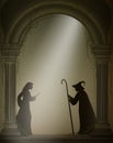 Old witch and young girl in the old abandoned castle, Halloween characters or fairy characters,