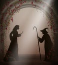 Old witch and young girl in the old abandoned castle with red roses, Halloween characters or fairy characters,