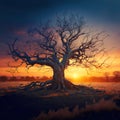 An old, withered branched oak in field on sunset. Generative AI