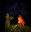 Old Wizard Campfire Night Sky Shooting Stars Royalty Free Stock Photo
