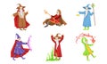 Old Wizard Characters Set, Male Magician or Warlock in Robe Practicing Wizardry Vector Illustration