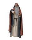 3D rendering of an old wizard in long robes and hooded cloak isolated on white