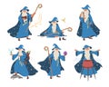 Old wizard, magician cartoon character set, flat vector isolated illustration. Fantasy, magic Merlin spells. Royalty Free Stock Photo