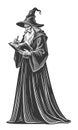 Old Wizard in Pointed Hat Writing in Book with Quill Pen Vintage Style Royalty Free Stock Photo