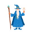Old wizard stand with witchery cane and owl vector flat illustration. Gray haired male magician hold magic equipment