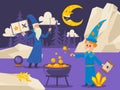 Old wizard teaches young student to cook magical potion, vector illustration. Flat style outdoor scene with cartoon Royalty Free Stock Photo