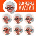 Old Woman Avatar Set Vector. Black. Afro American. Face Emotions. Senior Person Portrait. Elderly People. Aged. Children