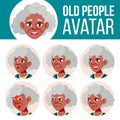 Old Woman Avatar Set Vector. Black. Afro American. Face Emotions. Senior Person Portrait. Elderly People. Aged. Friendly