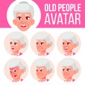 Old Woman Avatar Set Vector. Face Emotions. Senior Person Portrait. Elderly People. Aged. Head, Icon. Happiness