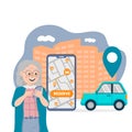 old woman books a car in a car sharing application against the backdrop of city skyscrapers, a large smartphone with a map of the