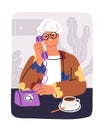 Old woman calling, talking on retro landline phone. Senior elderly lady, grandmother speaking, chatting, holding