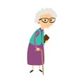 Old woman with cane. Senior lady with glasses walking. Vector.