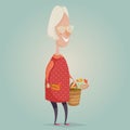Old woman cartoon character. Happy grandmother with basket and flowers.