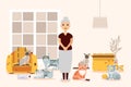 Old woman with cats vector illustration, elderly female cartoon character with crazy kittens as pet animals at home.