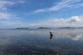 Old woman collects sea food between seaweed at low tide. A Muslim old woman wading in the Indian Ocean at low tide. Royalty Free Stock Photo