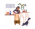 Old woman cooking with online video recipe. Modern senior elderly female character cooks, watching internet tutorial at