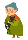 Old woman cuddling cat, pensioner lady happy with pet