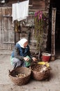 Old woman cuts potatoes