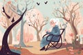 old woman with dementia siting on a banch in the park, cartoon illustration, Generative AI